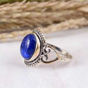 Handmade 925 Sterling Silver Natural <b>Lapis</b> <b>Lazuli</b> Bezel Setting Boho & Hippie Oval Shape Ethnic Cocktail <b>Ring</b> Party Unisex Gift - Product Image 3