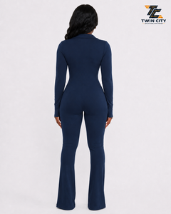 TWIN CITY Women Long Sleeve <b>Zip</b> <b>Up</b> Jumpsuit High Waist Full Length Solid Color Stretchy <b>Polo</b> Collar Modern Jumpsuit - Product Image 5