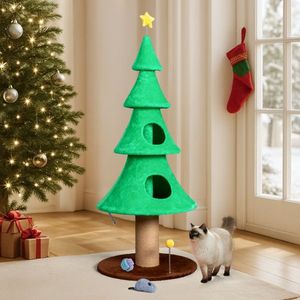 Torre per Gatti a Forma di Albero di Natale Grande e Alta 59 Pollici, Robusta con Morbido Pannello in Pile per Tirare, 2 Cucce e Giocattolo Teaser - Product Image 6