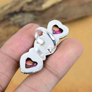 Anillo de Corazón de Plata de Ley 925 Hecho a Mano al por Mayor con Tres Piedras de Cobre Rosa y Turquesa, Joyería de Gema Opaca de Alta Calidad - Product Image 5