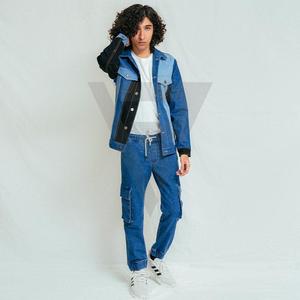 Jean cargo bleu coupe droite pour homme, style urbain, finition colorée effet usé, taille haute, coupe ample, grandes poches, logo personnalisé - Product Image 1