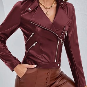 Veste moto en cuir PU bordeaux pour femme, manches longues, fermeture éclair, col rabattu, longueur courte, couleur unie, style automne - Product Image 1