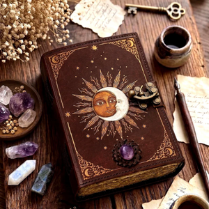 Sun Moon Gemstone Journal | Personalized Vintage <b>Diary</b> | Brass C-<b>Lock</b> Closure 220 Page Handmade Leather Real Touch Halloween - Product Image 6