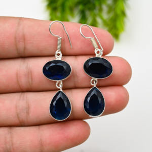 Material Customized 925 <b>Solid</b> Sterling <b>Silver</b> Faceted Blue Sapphire September Month Birthstone Two Stone Hook <b>Earring</b> - Product Image 2