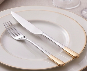 Juego de cubiertos Dwi-Tone Mirror Silver Rose Gold con punta en oro rosa, acero inoxidable con revestimiento PVD en oro rosa, perfecto para bodas, cenas, cocina y restaurantes. - Product Image 2