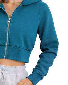 Womens <b>Cropped</b> <b>Zip</b> <b>Up</b> Hoodie Long Sleeve Casual Sweatshirt Soft Fleece Streetwear Teal Blue Color Autumn Winter Fashion Wear - Product Image 5