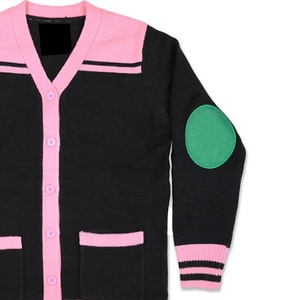 Cárdigan de punto personalizado con logo bordado, informal, con botones, cuello en V, manga larga, rosa, negro, liso, para mujer, estilo universitario. - Product Image 2