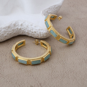 ต่างหูห่วงอัญมณี Amazonite ชุบทองห่วงสี่เหลี่ยมอัญมณีของขวัญสำหรับเธอ - Product Image 4
