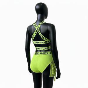 Ensemble de bikini côtelé en nylon et élasthanne pour femme, vert fluo, avec bretelles croisées et empiècements en maille, maillot de bain personnalisable avec logo pour femme - Product Image 5