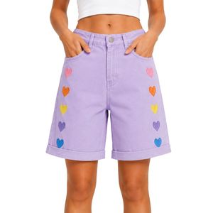 Shorts de Mezclilla para Mujer, Bordados con Corazón Arcoíris Morado Lavanda, Cintura Alta, Corte Holgado Informal, Dobladillo Enrollado, Algodón, Jeans de Moda de Verano - Product Image 1