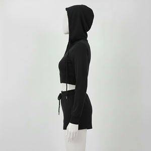 Ensemble de survêtement pour femmes en velours noir uni à manches longues et col rond, avec short assorti à cordon de serrage, vente en gros OEM ODM - Product Image 4