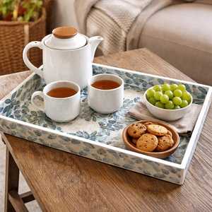 Plateau de service rectangulaire authentique indien en os incrusté, style classique, durable, personnalisable, poli, avec motif floral élégant, fait main - Product Image 1