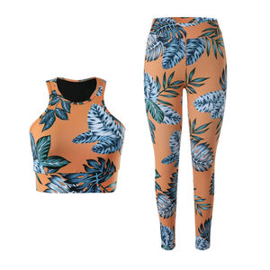 Women Tropical Leaf Print Yoga Set High Waist Leggings Sports Bra 2 Piece Workout Outfits Gym Fitness Activewear <b>Tracksuit</b> - Product Image 1