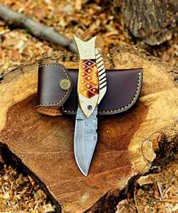 High Quality Damascus Steel Blade Folding Knife with Engraved Brass & <b>Fired</b> Bone Handle Handcrafted Fish Style Pocket Knife - Product Image 3