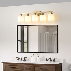 Lampada da Bagno Moderna a 5 Luci in Oro con Paralumi in Vetro Satinato Bianco Latte E26 - per Bagni - Product Image 2