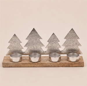 Handmade Christmas Metal Pine <b>Tree</b> Tea Light Candle Holder With Rustic Wooden Base 4-Cup Silver Aluminum <b>Tabletop</b> Centerpiece - Product Image 5