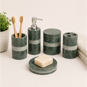Green Marble Bathroom Accessory Set Handcrafted Natural Stone Soap Dispenser <b>Toothbrush</b> <b>Holder</b> and Vanity Canister for Hotel - Product Image 4