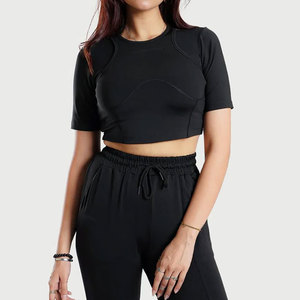 Fitness Sports <b>Women's</b> Crop <b>Top</b> Design Slim Fit Stretchable Gym T-Shirt Yoga Training Wear Quick Dry Round Neck T-Shirt - Product Image 4