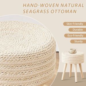 Natural Seagrass Ottoman Footstool with Solid Wood Legs Handwoven Hyacinth Footrest Step Stool - Product Image 4