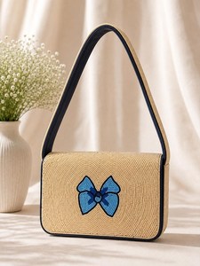Sac à main en toile brodé à la main avec des motifs floraux, forme rectangulaire, motif bleu vert, artisanat perlé, style estival - Product Image 5