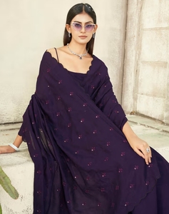 Sari morado KV bordado con blusa sin coser - Product Image 6
