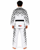 Ensemble uniforme de Taekwondo SHH Industries avec impression par transfert thermique, design rayé blanc et noir, extensible, pour adultes unisexe, arts martiaux