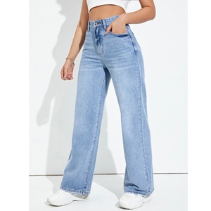 Tissu en denim bleu délavé brodé pour femmes, pantalon décontracté taille haute, coupe skinny droite, respirant, grandes tailles, de BD - Product Image 6