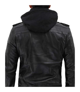 Mens Leather Bomber <b>Jacket</b> Removable Hood Stand Collar <b>Fleece</b> <b>Lined</b> Multi Pocket Casual Motorcycle <b>Jacket</b> - Product Image 2