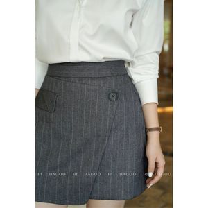 Jupe courte asymétrique taille haute pour femme CV767, style bureau, rayée, en polyester et coton tissé, respirante, toutes saisons - Product Image 5