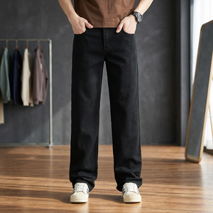 Pantalones Vaqueros de Mezclilla Negros para Hombre, Corte Recto, Cintura Media, Algodón, Estilo Casual Holgado, Estilo Otoñal - Product Image 3