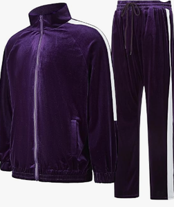 Purple <b>Velour</b> <b>Tracksuit</b> Set Zip Up Stand Collar Jacket And Side Stripe Pants Unisex Casual Two Piece Outfit - Product Image 5