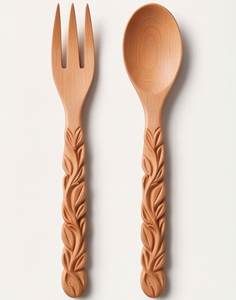 Ensemble de fourchettes et cuillères en bois poli à la main avec manches sculptés en forme de feuille, design traditionnel, couverts réutilisables pour le camping et l'hôtellerie - Product Image 3