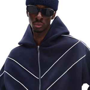 Sweat-shirt unisexe bleu marine à capuche, coupe-vent, fermeture éclair intégrale, couleur unie, streetwear, polyester/coton, léger, coupe classique, été - Product Image 1