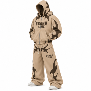 Ensemble de survêtement oversize personnalisé Y2K avec imprimé flamme, sweat à capuche zippé et pantalon de survêtement large, couleur unie, streetwear personnalisé - Product Image 5