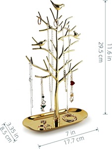 Golden <b>Tree</b> Jewelry <b>Stand</b> With Birds Metal Necklace Ring Holder Modern Desk Organizer Oval Base Storage Display Rack From India - Product Image 3