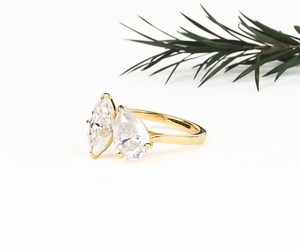 14K White Gold Rhodium Plated Luxury Toi Et Moi Engagement <b>Ring</b> with Pear Marquise Cut Lab Created Moissanite - Product Image 6