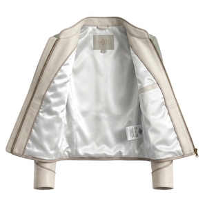 White Cream Green Panel Genuine Leather Women <b>Cafe</b> <b>Racer</b> Motorcycle <b>Jacket</b> Band Collar Zip Front Outerwear Coat - Product Image 5
