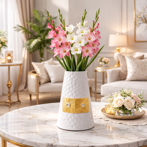 Brass Hammered Modern Tabletop Flower <b>Vase</b> with White Powder Coated Finish Premium Decorative Metal Planter - Product Image 2