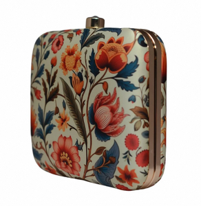 Elegant Floral Print Clutch Handbag Metal <b>Frame</b> Hard Case Premium Satin Fabric with Raw Silk Lining and Decorative Lock - Product Image 3