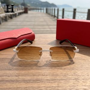 Luxury Rimless Rectangle Diamond <b>Sunglasses</b> Men Women <b>Gradient</b> Brown Tea Lens Wood Temple Iced Out Eyewear - Product Image 6