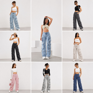 Jeans Cargo de Cintura Alta para Mujer, Estilo Casual, Corte Holgado, Lavado a la Piedra, Largos, Lote en Stock, Listos para Enviar, Venta al Por Mayor - Product Image 2