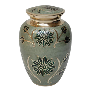 Urnes funéraires pour adultes en laiton de haute qualité avec gravure complète, finition or et vert, pour cendres humaines. - Product Image 1