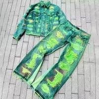 Ensemble veste et pantalon en jean vintage léger personnalisé pour homme, style streetwear, tissé, uni, délavé, déchiré, hiver, 100% coton