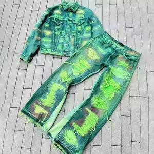 Custom Vintage Heavyweight <b>Denim</b> Jeans Suit <b>Jacket</b> Set for Men Streetwear Custom Woven Thermal Print Washed Ripped Style - Product Image 5