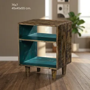 Table d'appoint en bois de style Mid-Century Modern avec 2 étagères, meuble de rangement pour salon, intérieur turquoise - Product Image 6