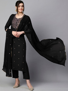 Black Cotton Knee-Length <b>Kurta</b> Set Embroidered Neckline Dupatta Regular Fit Traditional Indian Pakistani <b>Women</b> Diwali Quick Dry - Product Image 4