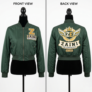 Blouson bomber court coupe-vent pour femme, 240 GSM, en sergé de polyester premium, vert émeraude, broderie chenille personnalisée, OEM ODM - Product Image 1