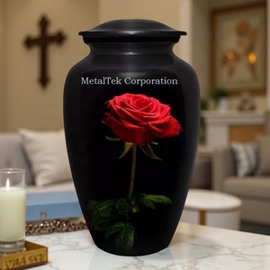 Urne funéraire noire en aluminium de style américain Impression de roses rouges Urne funéraire décorative en métal laqué Pots funéraires pour cendres d'adultes - Product Image 3