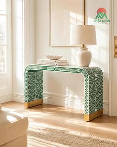 Mesa Consola Contemporánea con Patrón de Hojas Verdes y Detalles Dorados, Mueble Rectangular para Entrada Interior - Product Image 1