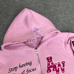 Prefect Cutting Sport Edition Zipper Distressed Hoodie Rhinestone Zip up Jacket Acid Wash  Men Fleece Streetwear Hoodie - Product Image 5